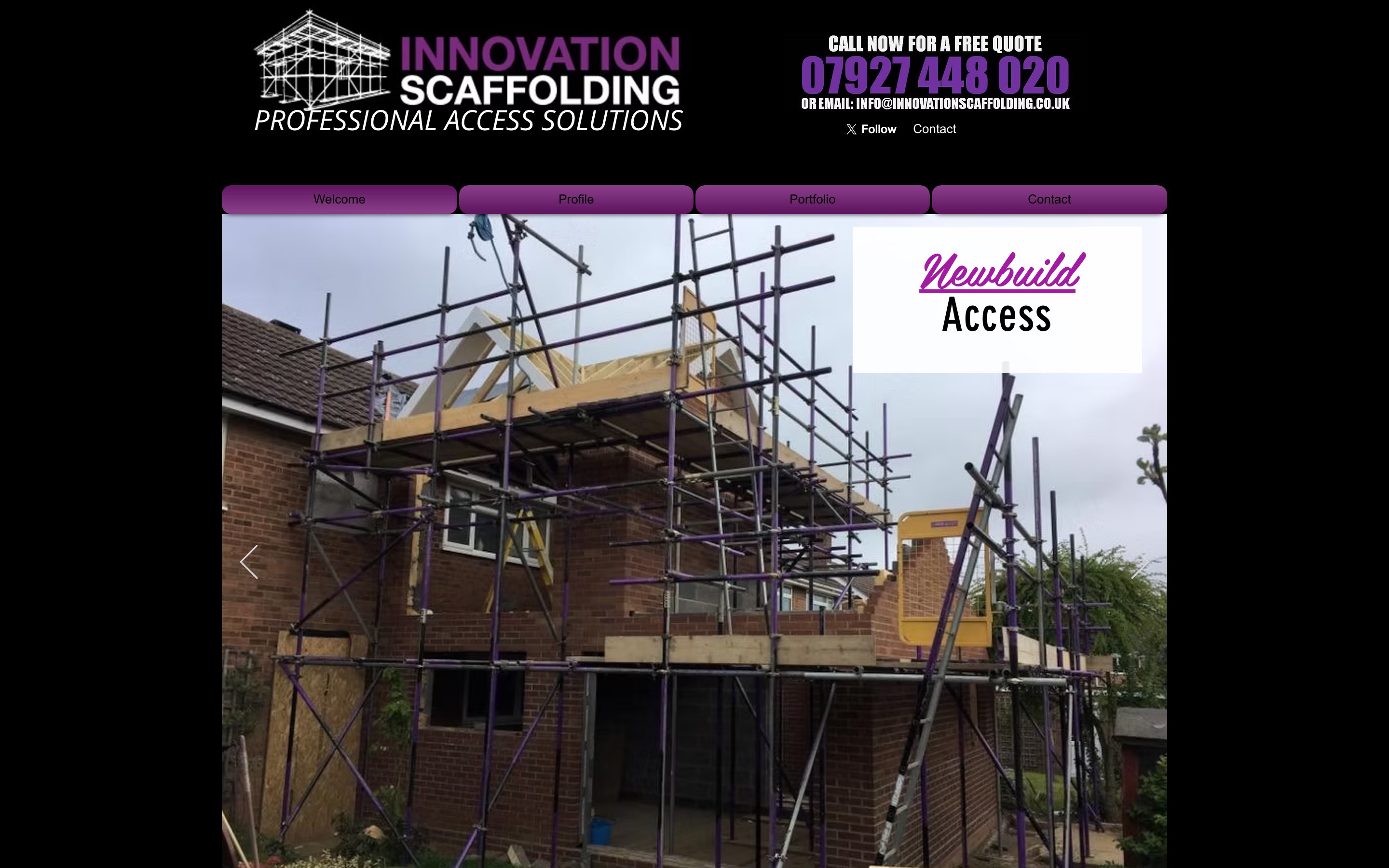 The old Innovation Scaffolding website: a dark Wix page with purple buttons and a photo slideshow