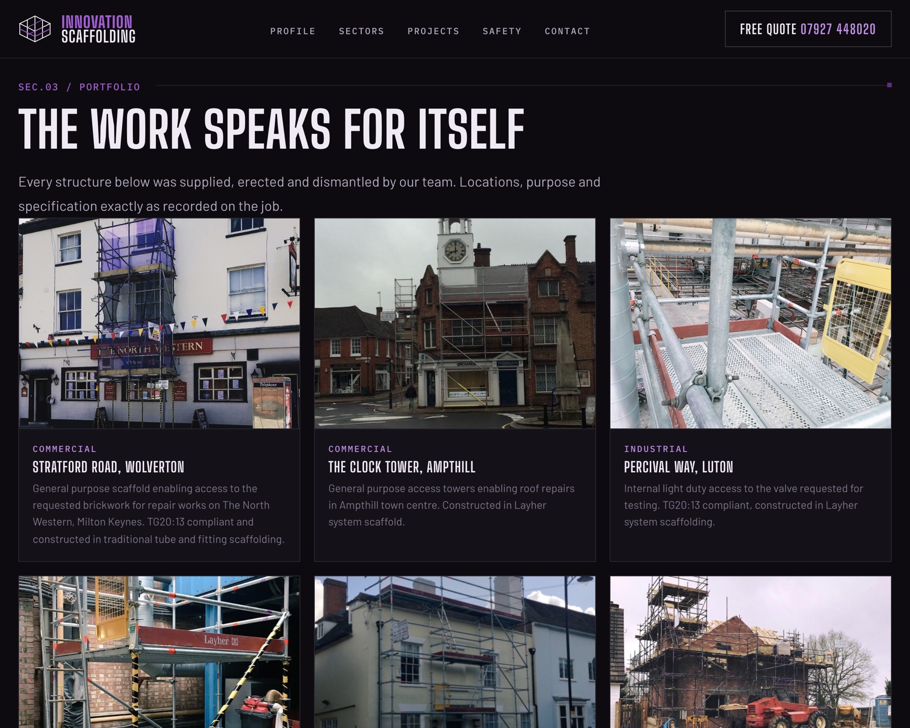 Portfolio section of the new Innovation Scaffolding site, headlined The work speaks for itself, with project cards for Wolverton, Ampthill and Luton