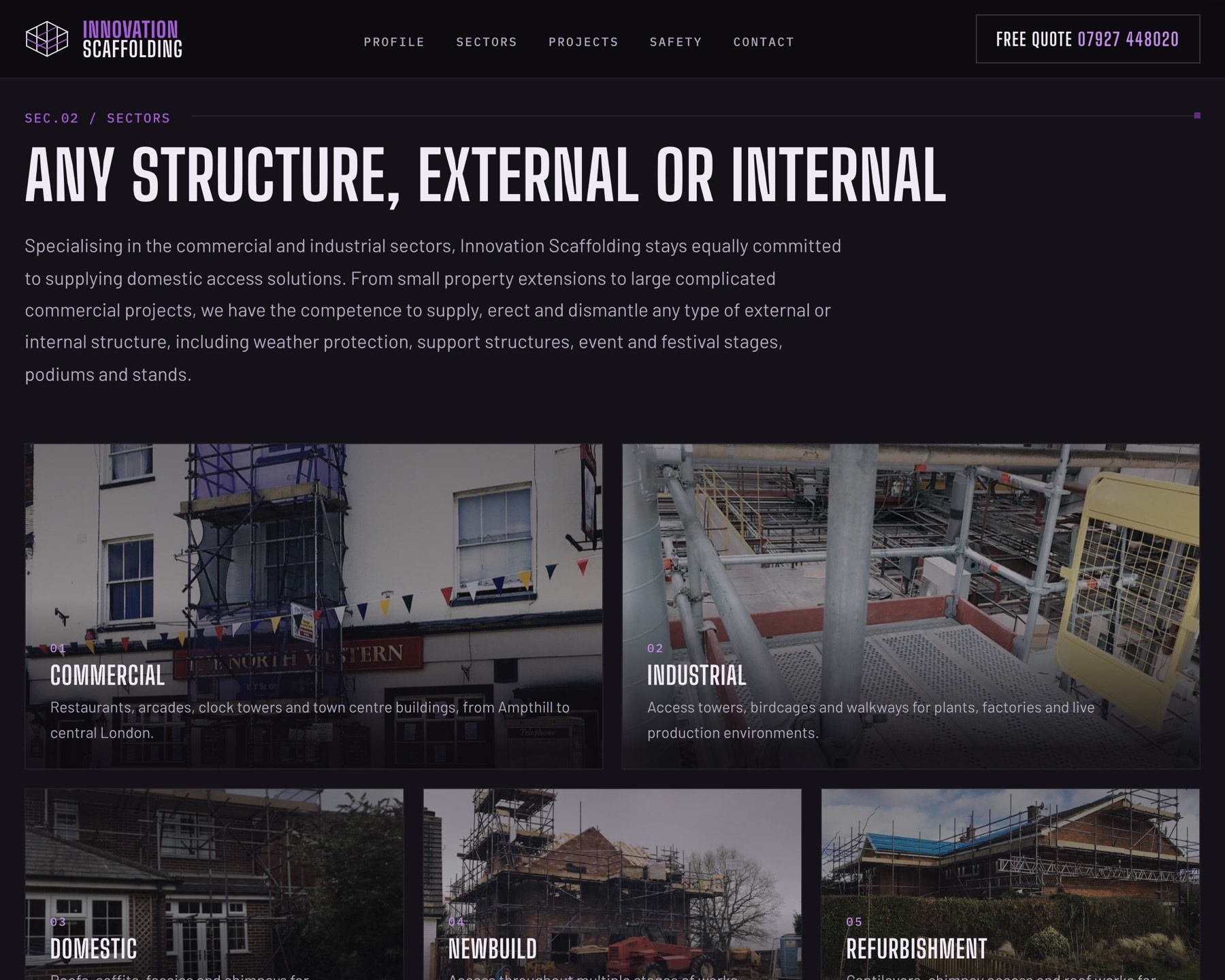Sectors section of the new Innovation Scaffolding site: commercial, industrial, domestic, newbuild and refurbishment cards, each with a real job photo