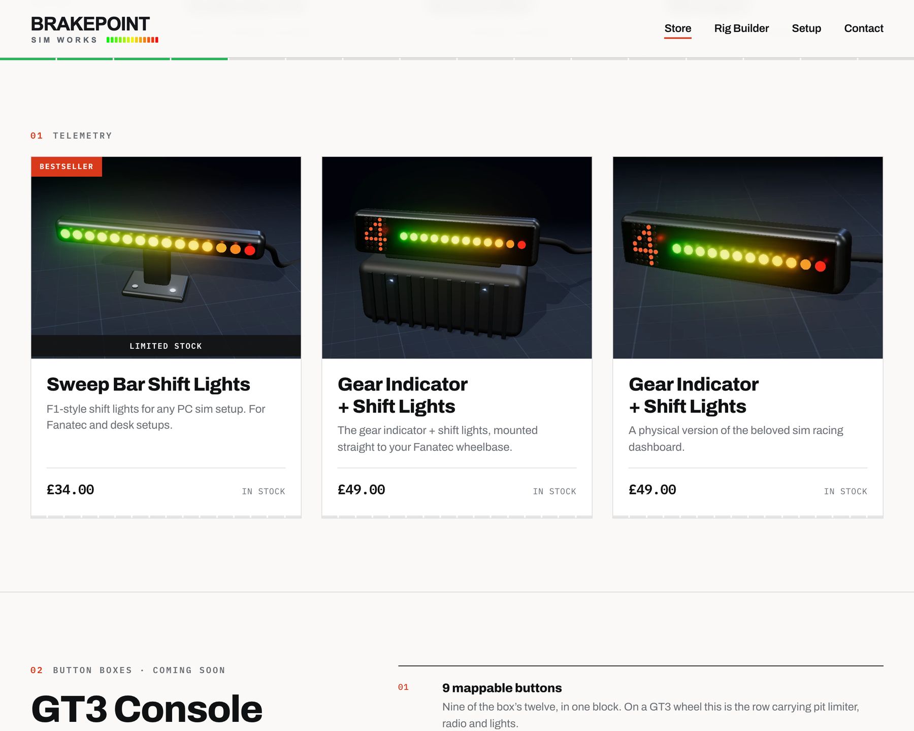 The range as three product cards: a shift light bar and two gear indicators with prices