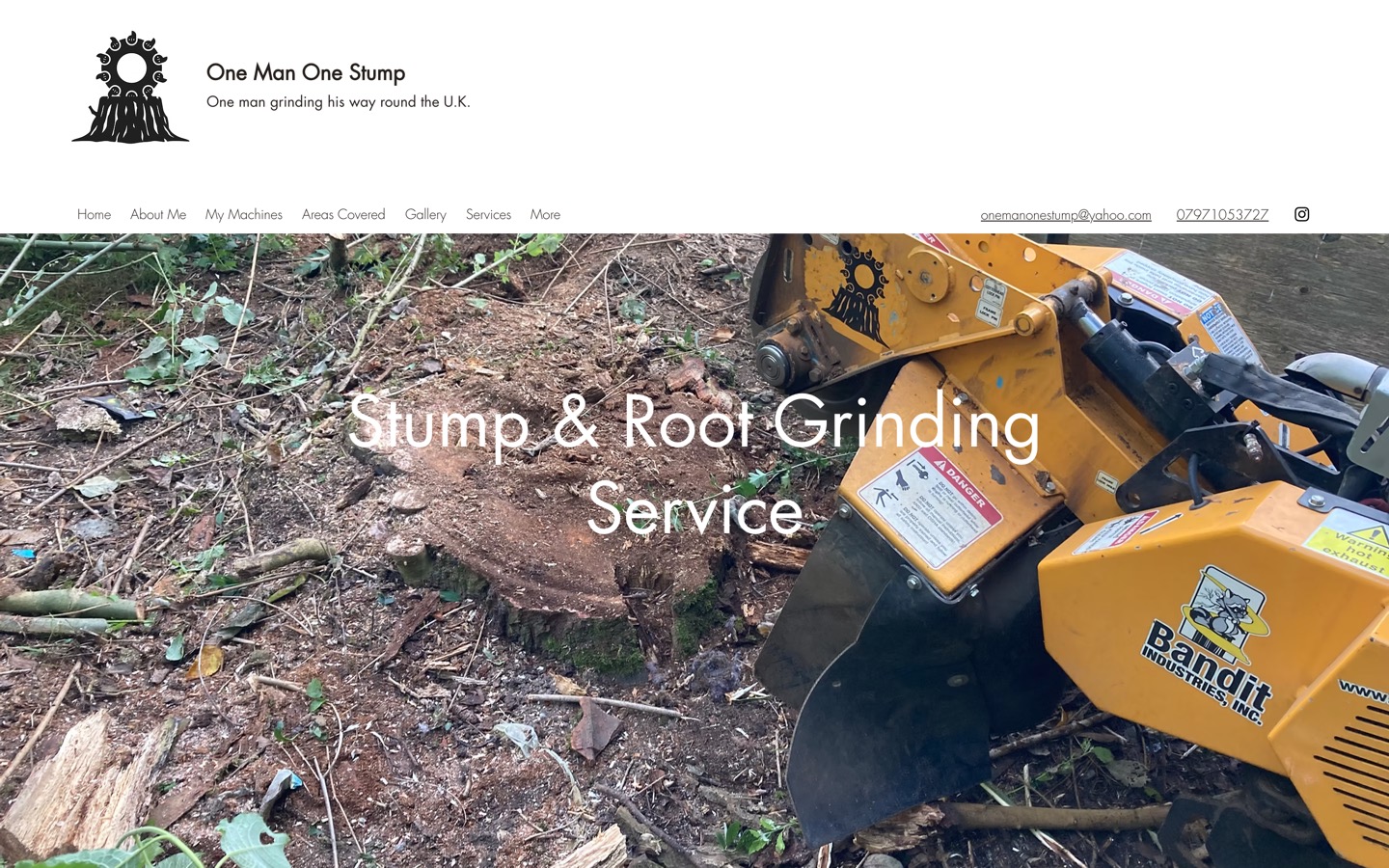 The old One Man One Stump website: white headline text laid over a busy photo of a stump grinder, hard to read