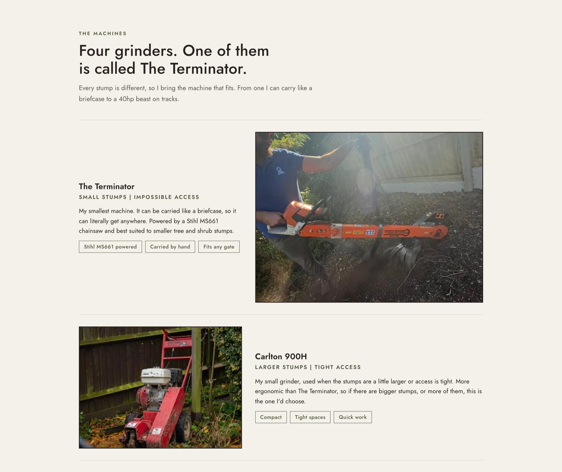 Machines section of the new One Man One Stump site, headlined: Four grinders. One of them is called The Terminator.