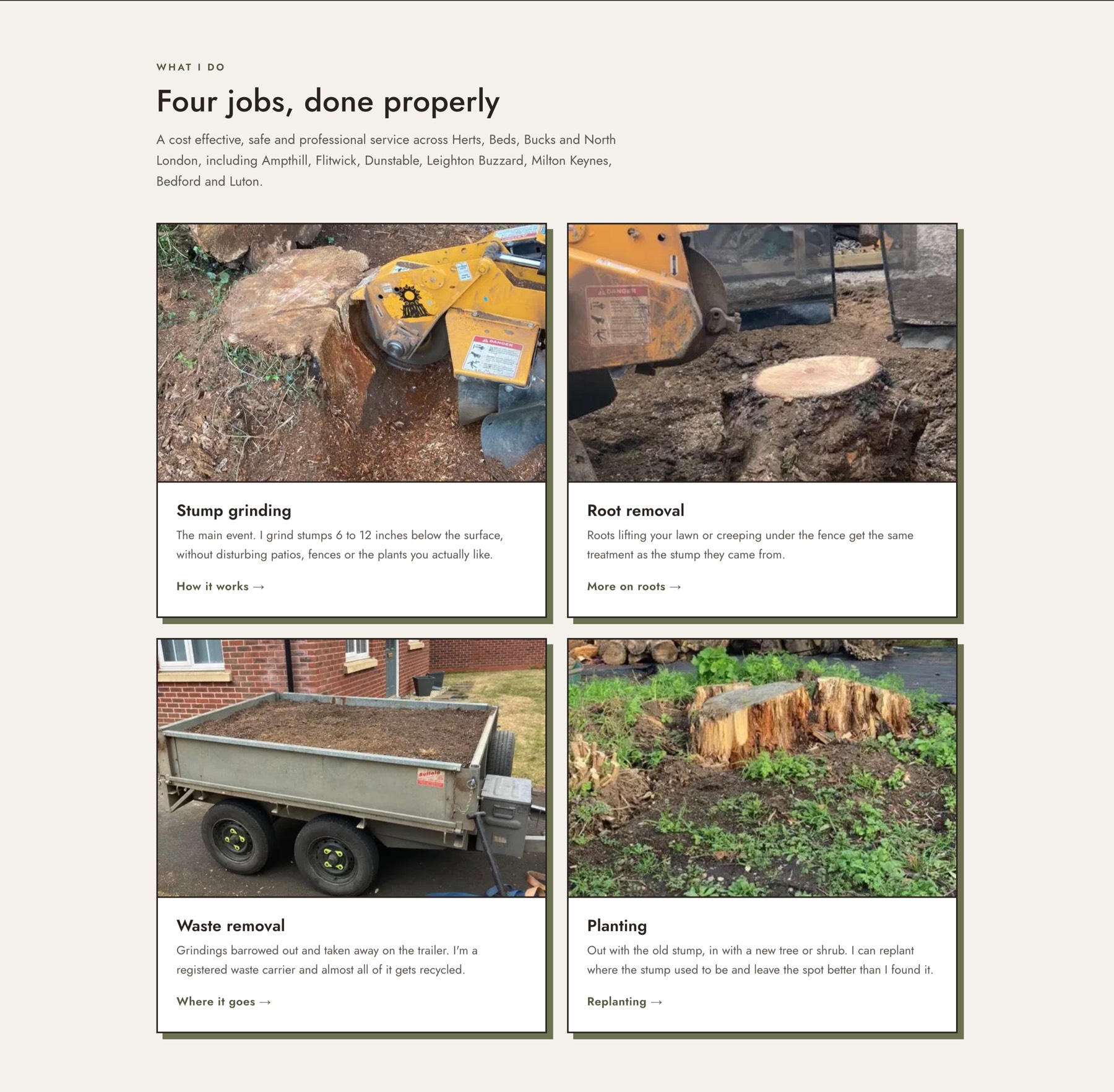 Services section of the new One Man One Stump site: stump grinding, root removal, waste removal and planting as photo cards